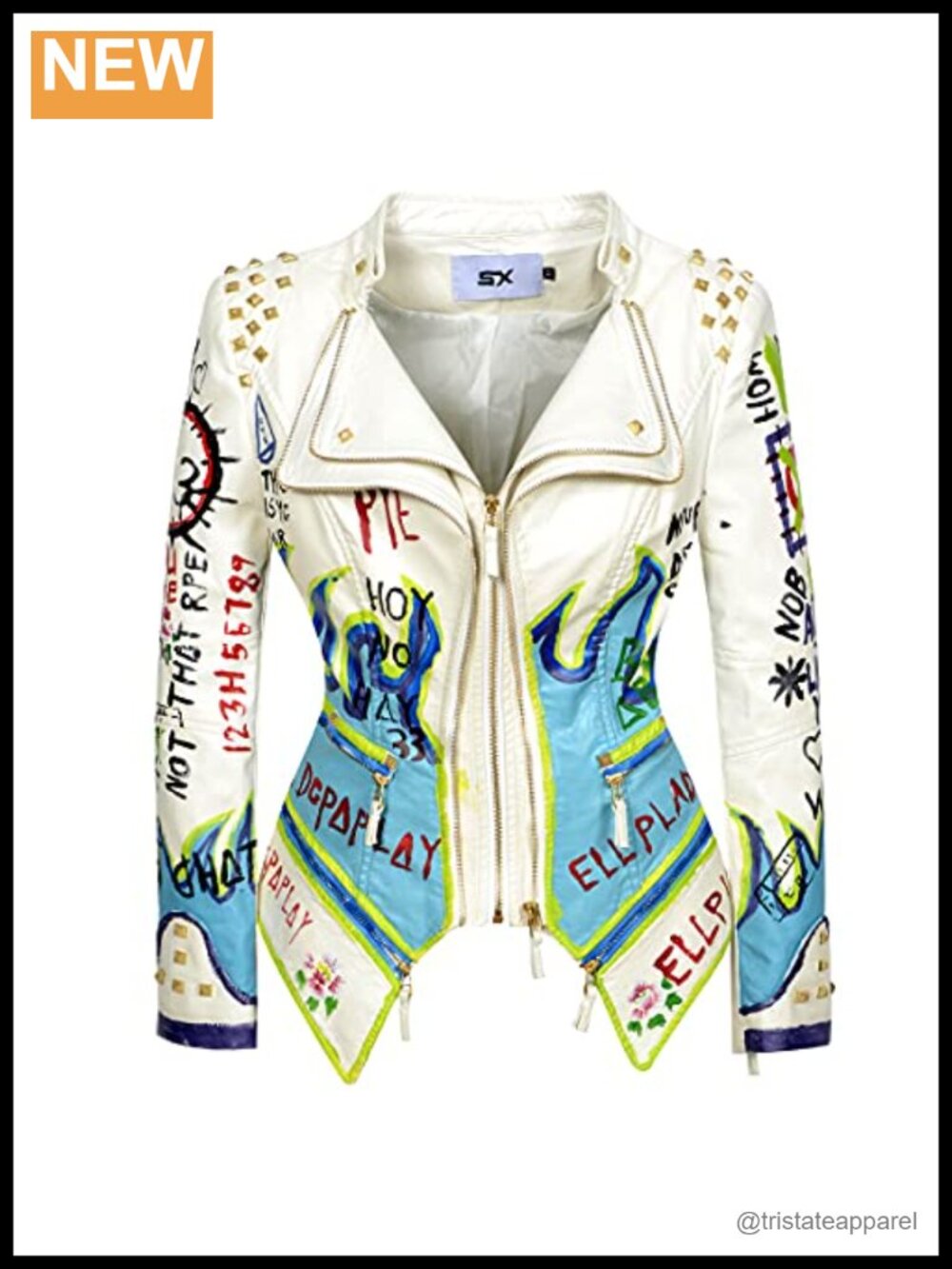 Women's Faux Leather Moto Jacket with Graffiti Print and Metal Rivets
